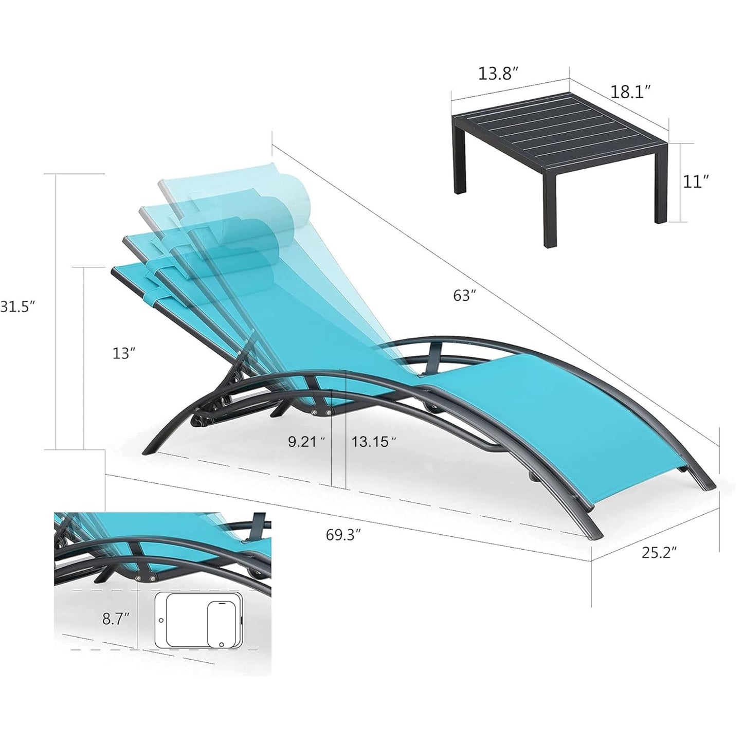 PURPLE LEAF Patio Chaise Lounge Set Outdoor Beach Pool Sunbathing Lawn Lounger Recliner Chair Outside Chairs with Side Table Included