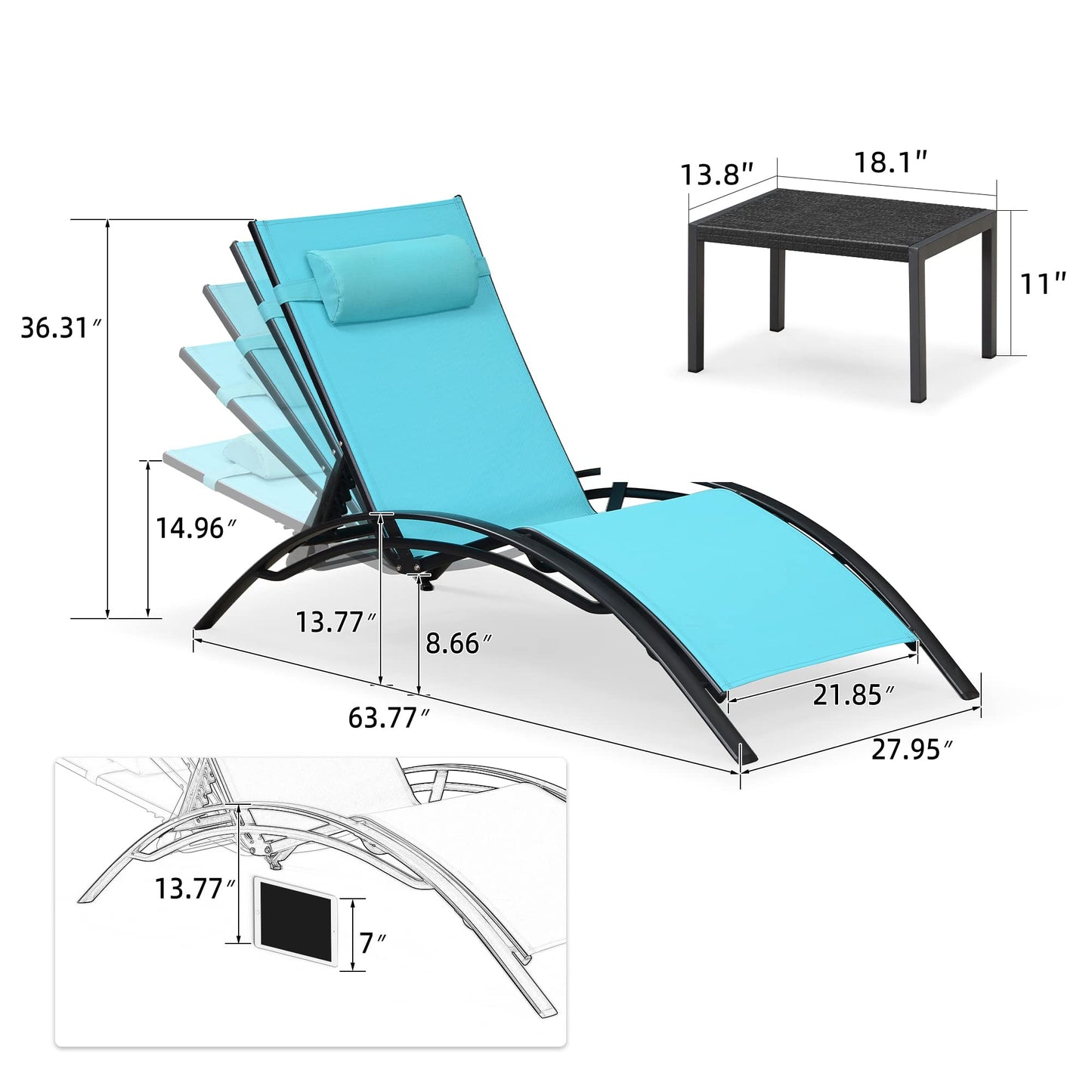 PURPLE LEAF Patio Chaise Lounge Set Outdoor Beach Pool Sunbathing Lawn Lounger Recliner Chair Outside Chairs with Side Table Included