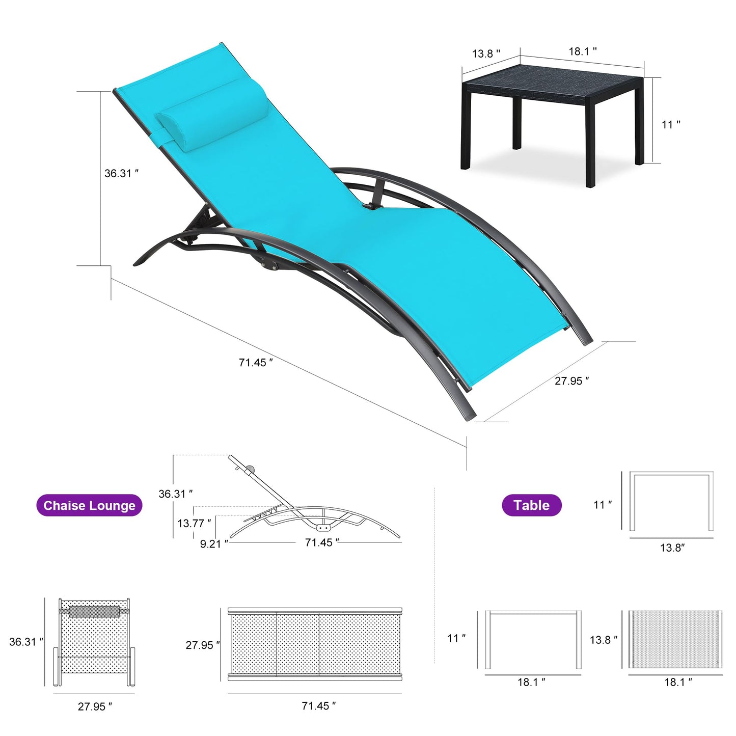 PURPLE LEAF Patio Chaise Lounge Set Outdoor Beach Pool Sunbathing Lawn Lounger Recliner Chair Outside Chairs with Side Table Included