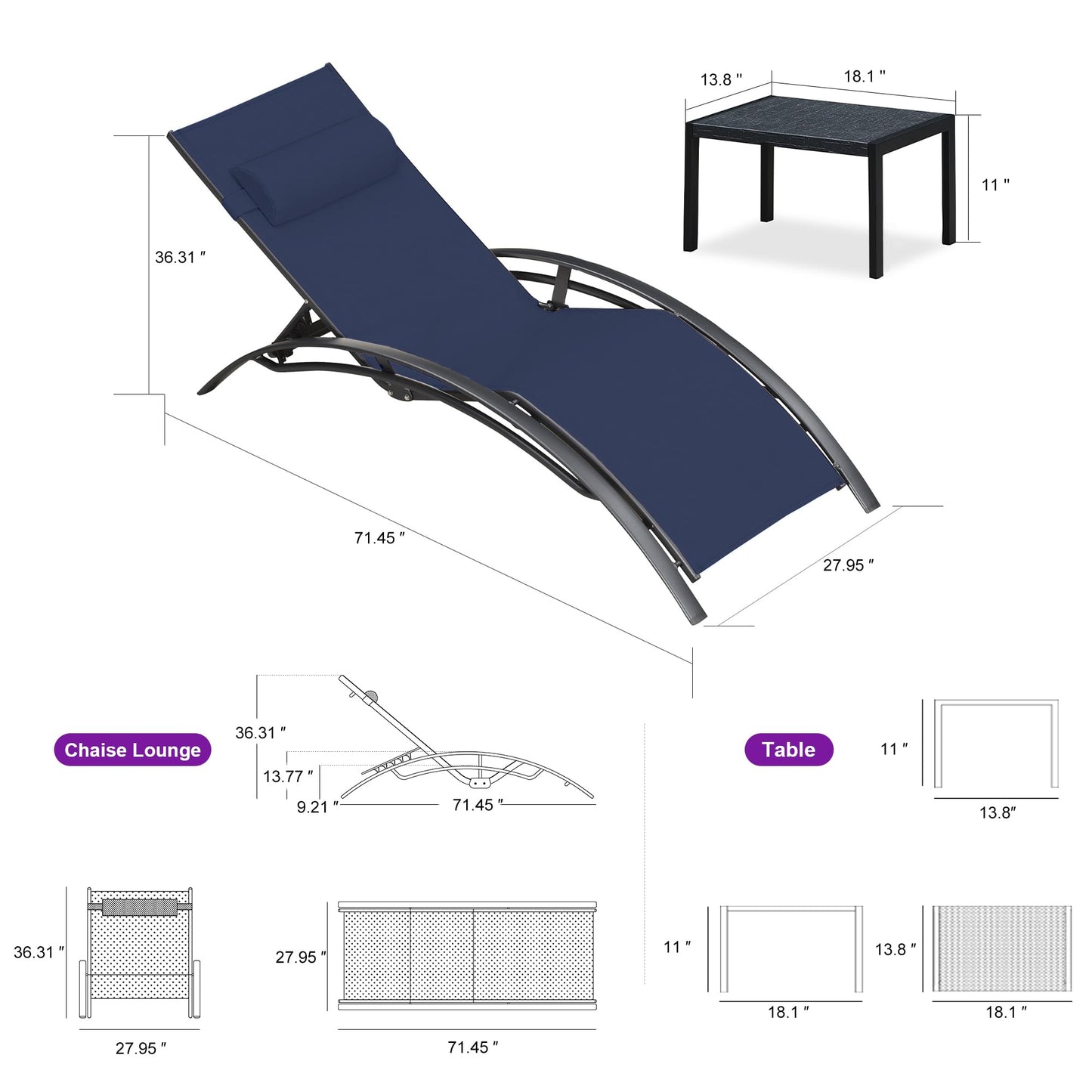 PURPLE LEAF Patio Chaise Lounge Set Outdoor Beach Pool Sunbathing Lawn Lounger Recliner Chair Outside Chairs with Side Table Included
