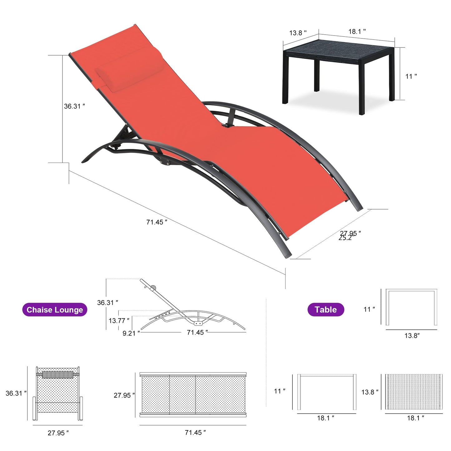PURPLE LEAF Patio Chaise Lounge Set Outdoor Beach Pool Sunbathing Lawn Lounger Recliner Chair Outside Chairs with Side Table Included