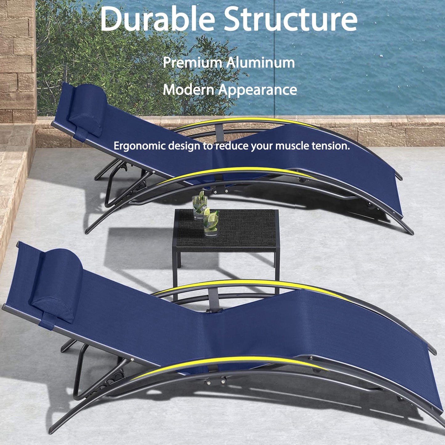 PURPLE LEAF Patio Chaise Lounge Set Outdoor Beach Pool Sunbathing Lawn Lounger Recliner Chair Outside Chairs with Side Table Included