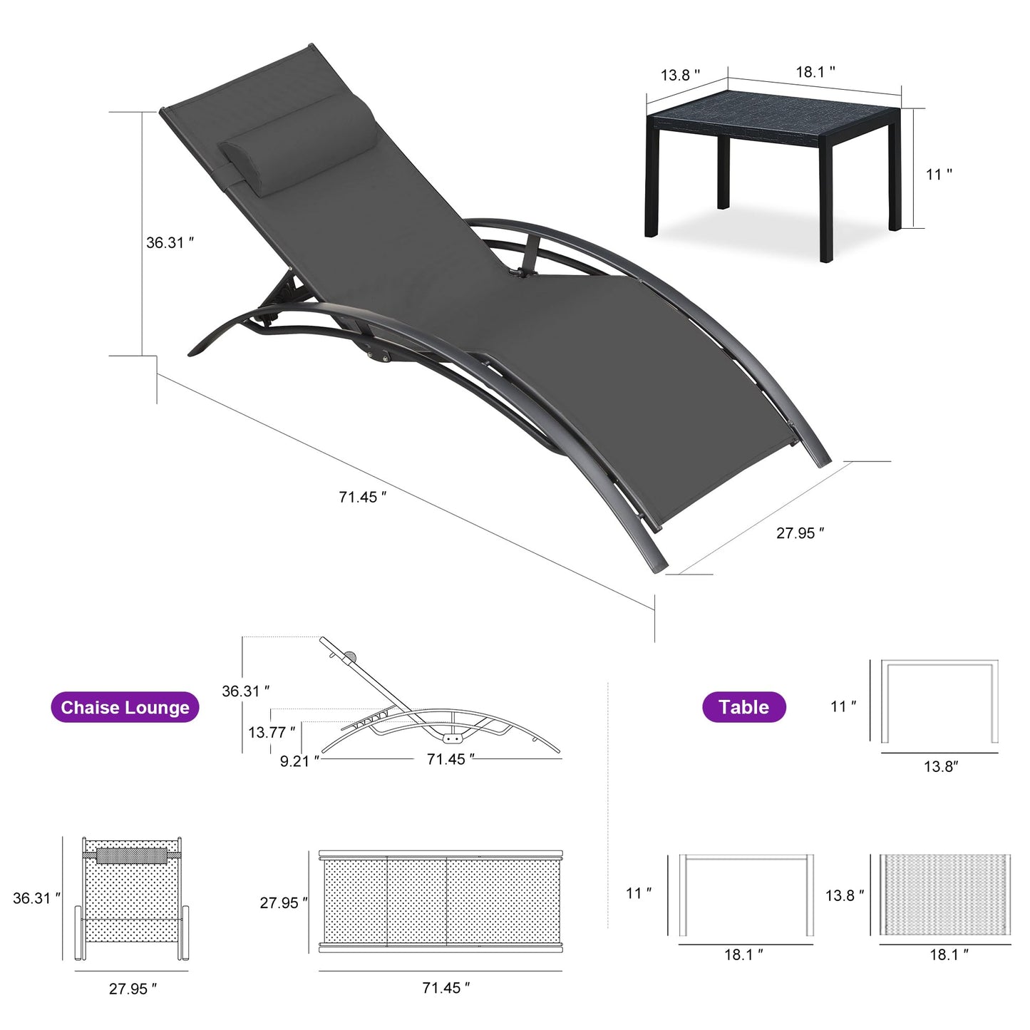 PURPLE LEAF Patio Chaise Lounge Set Outdoor Beach Pool Sunbathing Lawn Lounger Recliner Chair Outside Chairs with Side Table Included