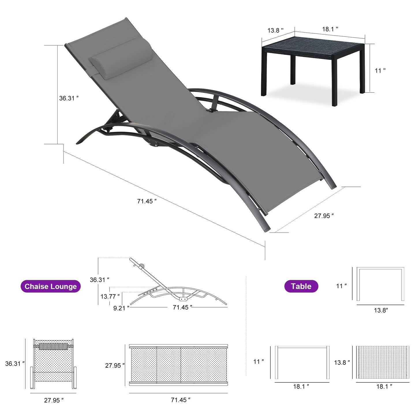PURPLE LEAF Patio Chaise Lounge Set Outdoor Beach Pool Sunbathing Lawn Lounger Recliner Chair Outside Chairs with Side Table Included