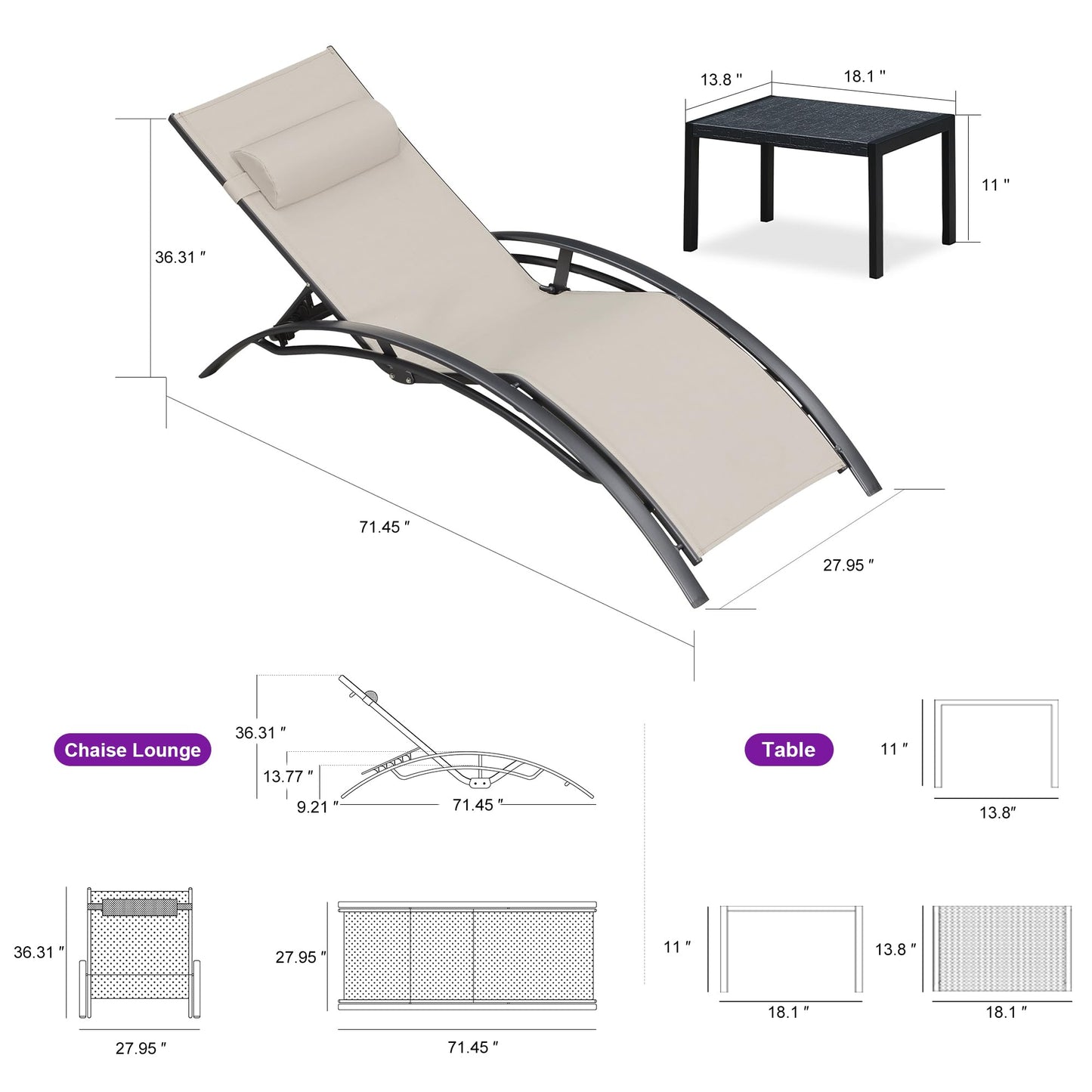 PURPLE LEAF Patio Chaise Lounge Set Outdoor Beach Pool Sunbathing Lawn Lounger Recliner Chair Outside Chairs with Side Table Included