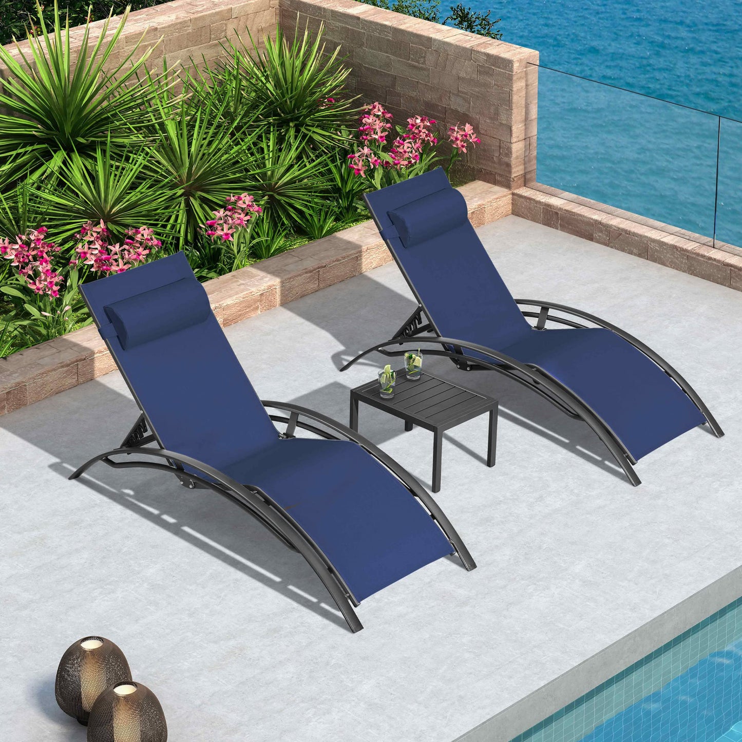PURPLE LEAF Patio Chaise Lounge Set Outdoor Beach Pool Sunbathing Lawn Lounger Recliner Chair Outside Chairs with Side Table Included