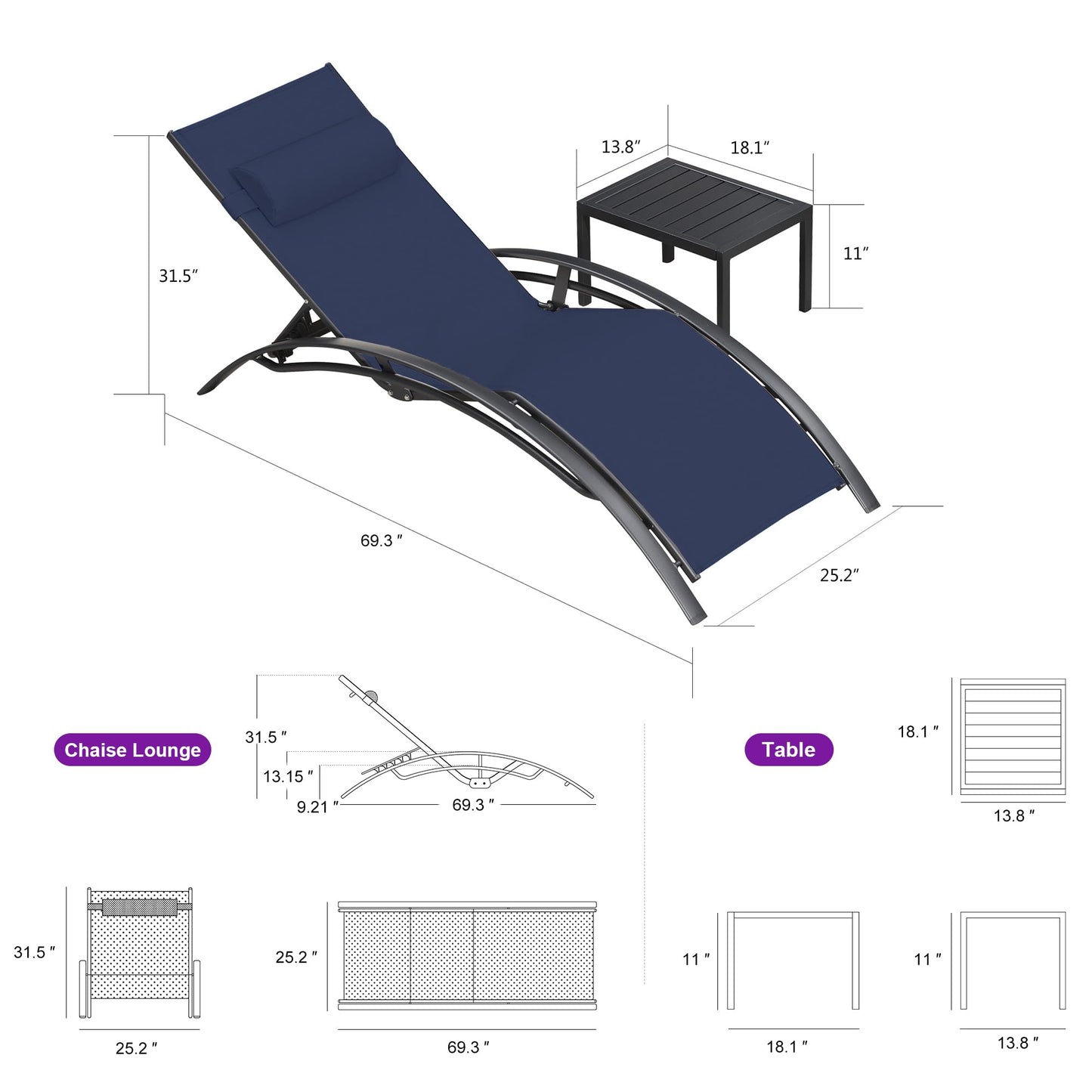 PURPLE LEAF Patio Chaise Lounge Set Outdoor Beach Pool Sunbathing Lawn Lounger Recliner Chair Outside Chairs with Side Table Included