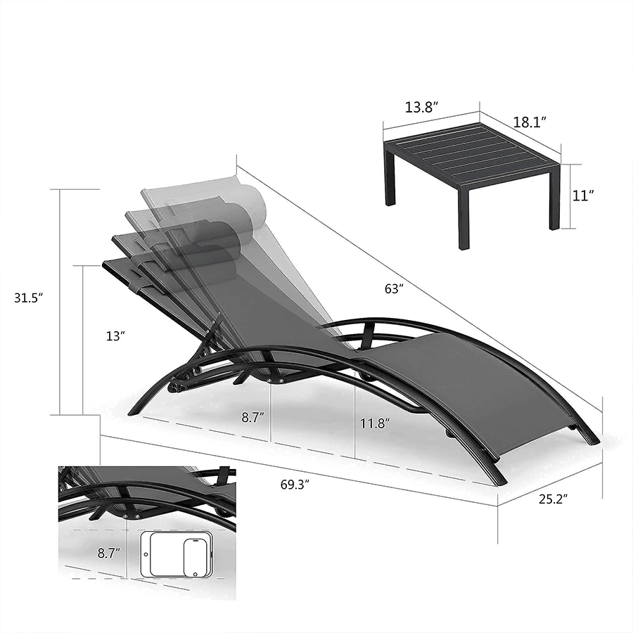 OPEN BOX I PURPLE LEAF Patio Chaise Lounge Set Outdoor Beach Pool Sunbathing Lawn Lounger Recliner Chair Outside Chairs with Side Table Included