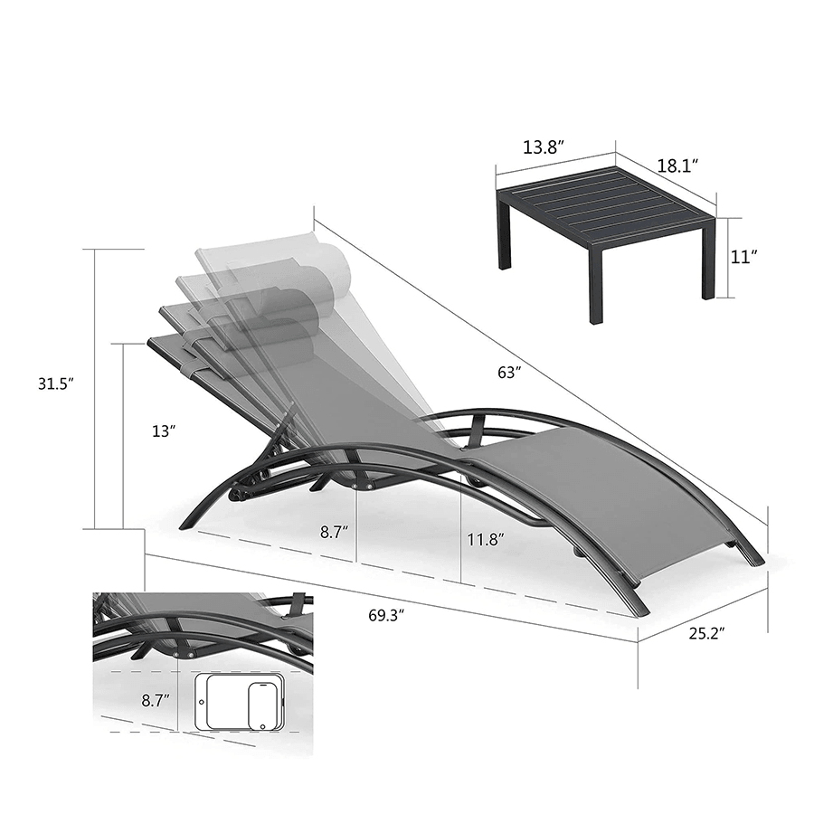 OPEN BOX I PURPLE LEAF Patio Chaise Lounge Set Outdoor Beach Pool Sunbathing Lawn Lounger Recliner Chair Outside Chairs with Side Table Included