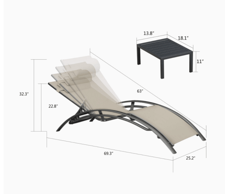OPEN BOX I PURPLE LEAF Patio Chaise Lounge Set Outdoor Beach Pool Sunbathing Lawn Lounger Recliner Chair Outside Chairs with Side Table Included