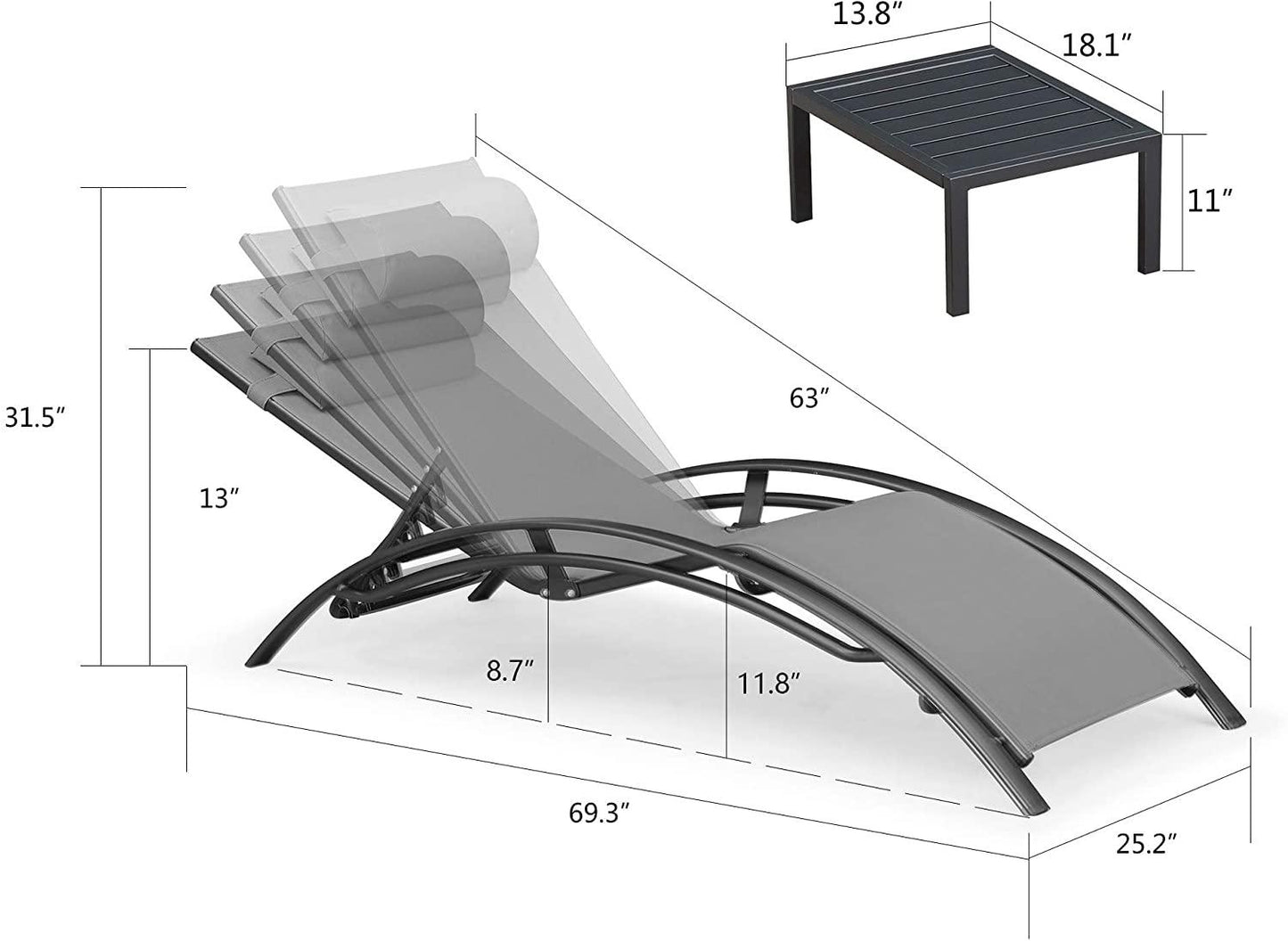 OPEN BOX I PURPLE LEAF Patio Chaise Lounge Set Outdoor Beach Pool Sunbathing Lawn Lounger Recliner Chair Outside Chairs with Side Table Included