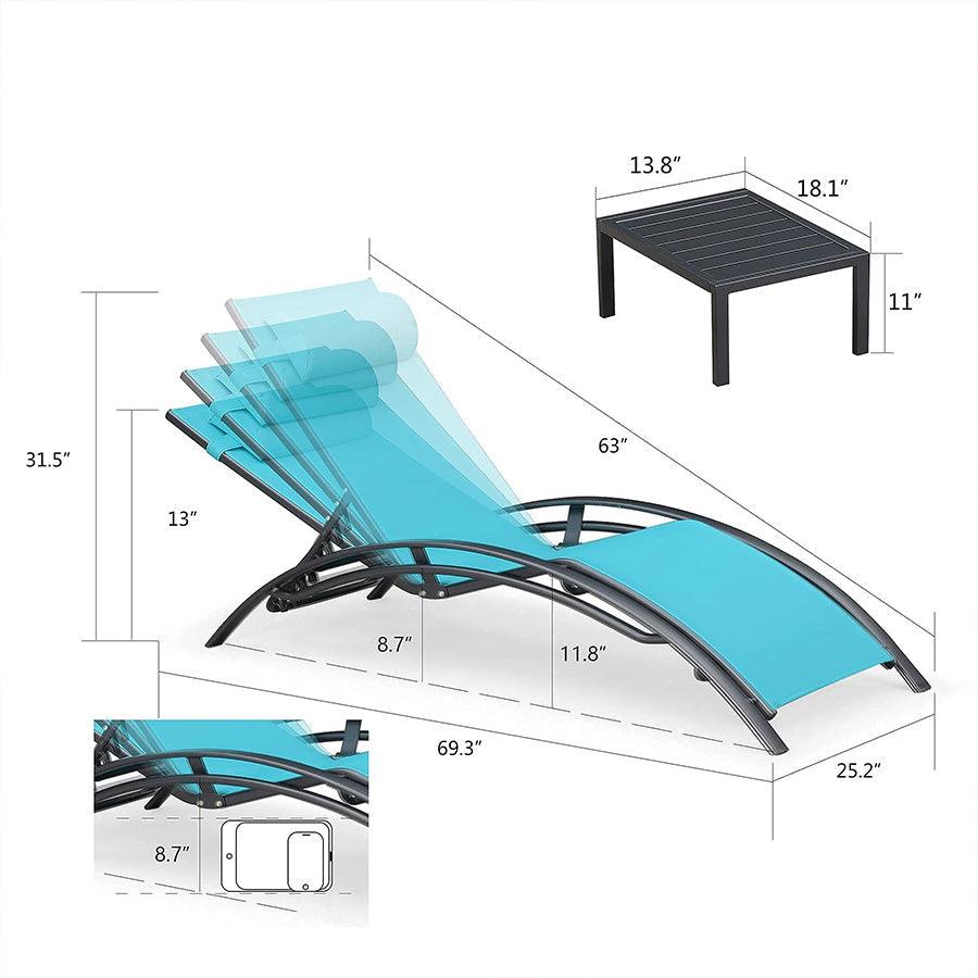 OPEN BOX I PURPLE LEAF Patio Chaise Lounge Set Outdoor Beach Pool Sunbathing Lawn Lounger Recliner Chair Outside Chairs with Side Table Included