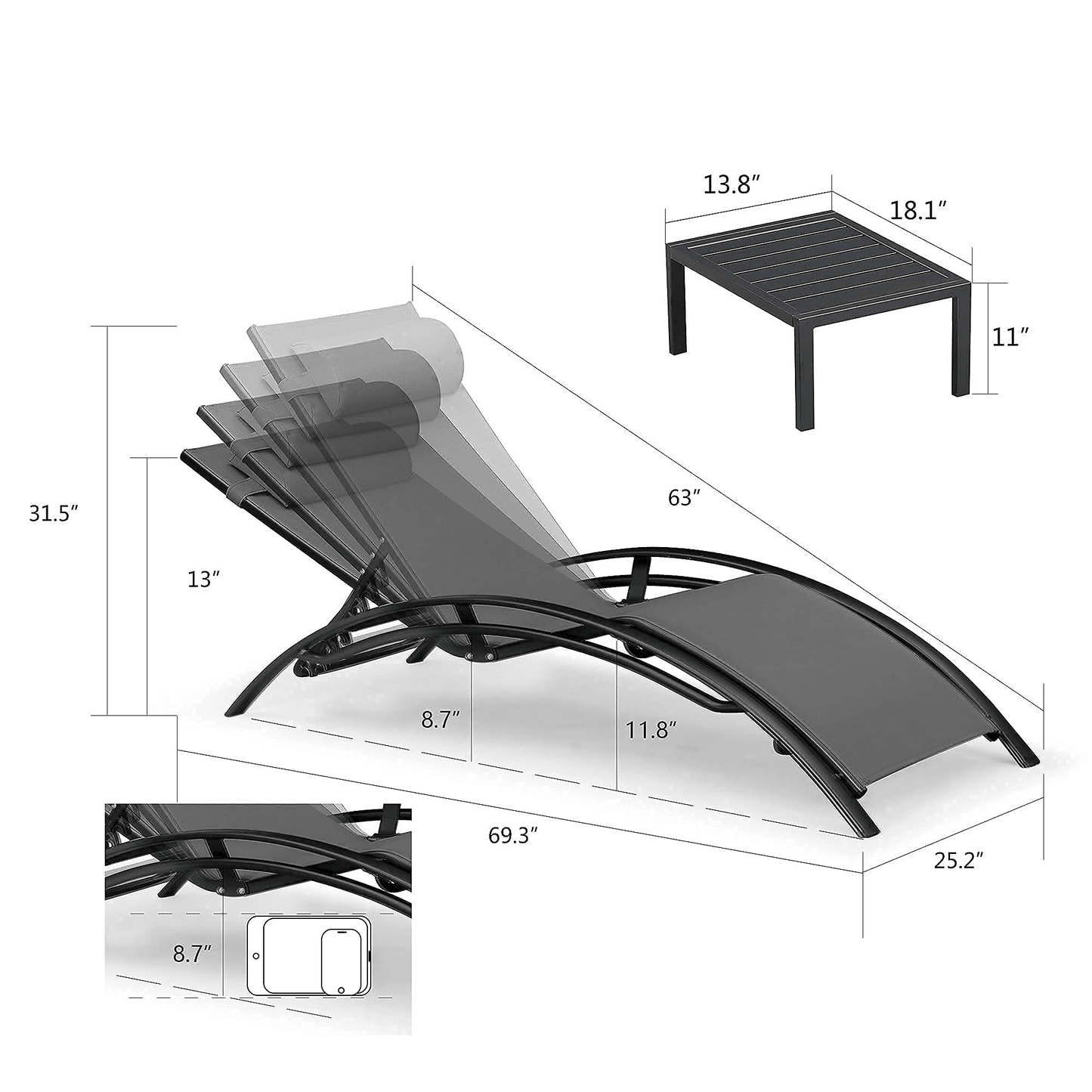 OPEN BOX I PURPLE LEAF Patio Chaise Lounge Set Outdoor Beach Pool Sunbathing Lawn Lounger Recliner Chair Outside Chairs with Side Table Included