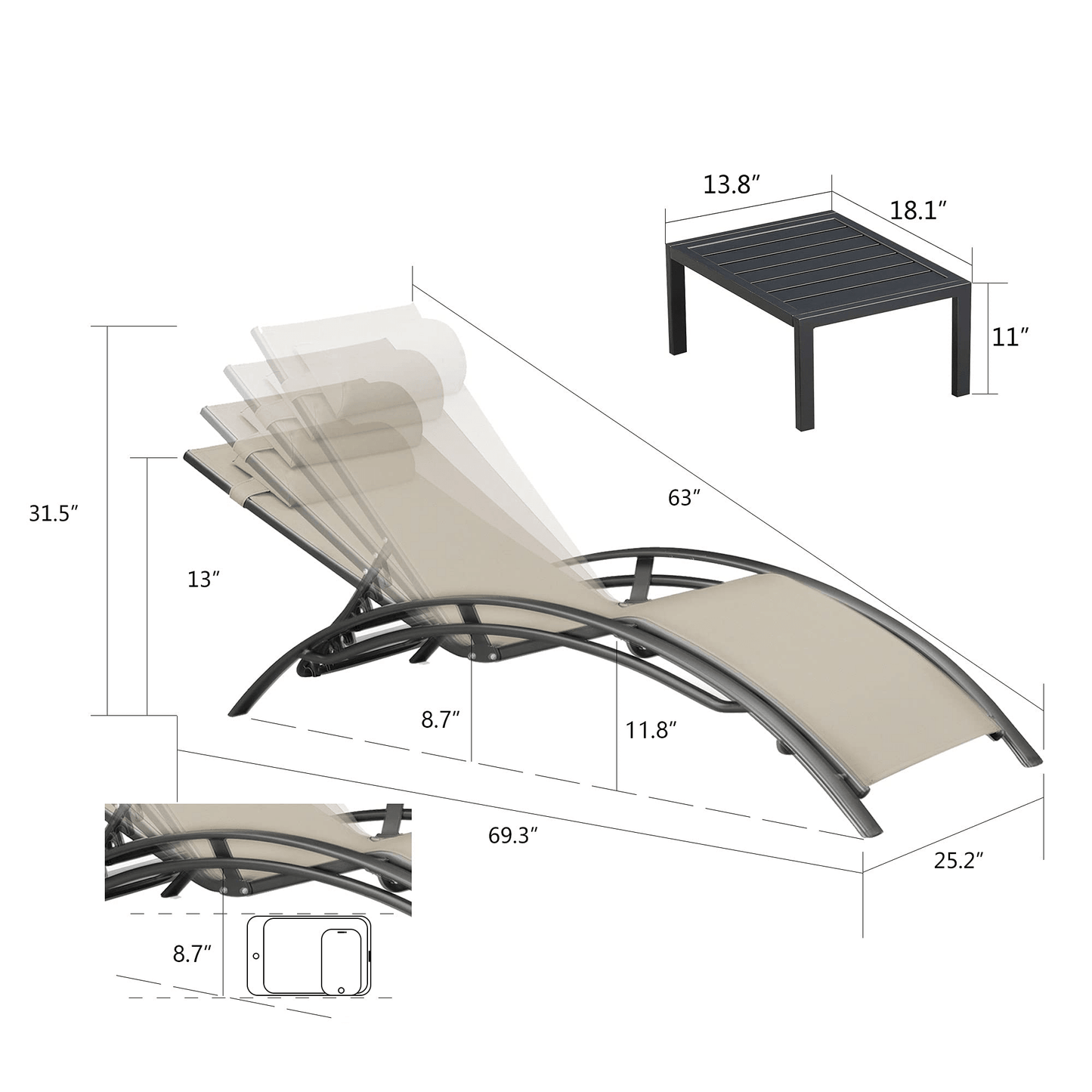 OPEN BOX I PURPLE LEAF Patio Chaise Lounge Set Outdoor Beach Pool Sunbathing Lawn Lounger Recliner Chair Outside Chairs with Side Table Included