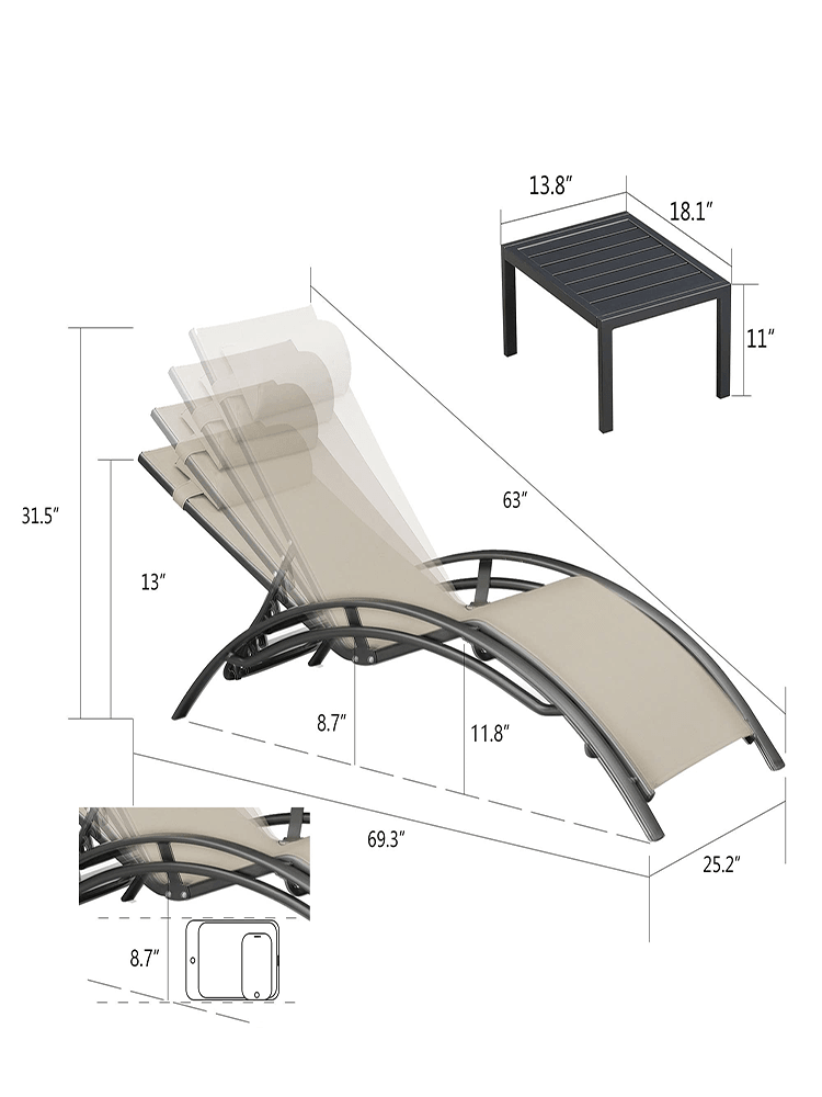 OPEN BOX I PURPLE LEAF Patio Chaise Lounge Set Outdoor Beach Pool Sunbathing Lawn Lounger Recliner Chair Outside Chairs with Side Table Included