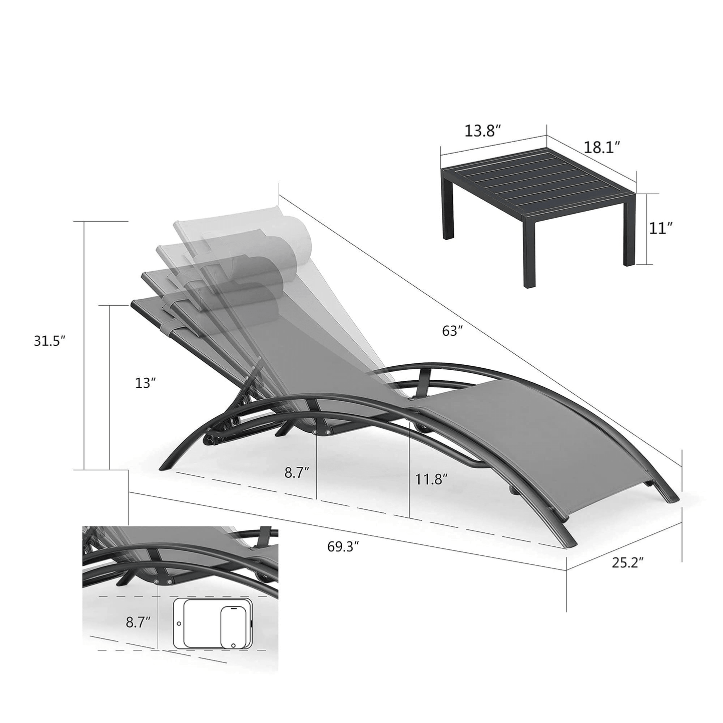 OPEN BOX I PURPLE LEAF Patio Chaise Lounge Set Outdoor Beach Pool Sunbathing Lawn Lounger Recliner Chair Outside Chairs with Side Table Included
