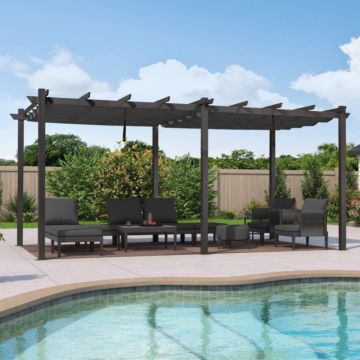 PURPLE LEAF Outdoor Pergola with Retractable Canopy Aluminum Shelter for Beach Porch Garden  Shade Pavilion Pergola  with Lights