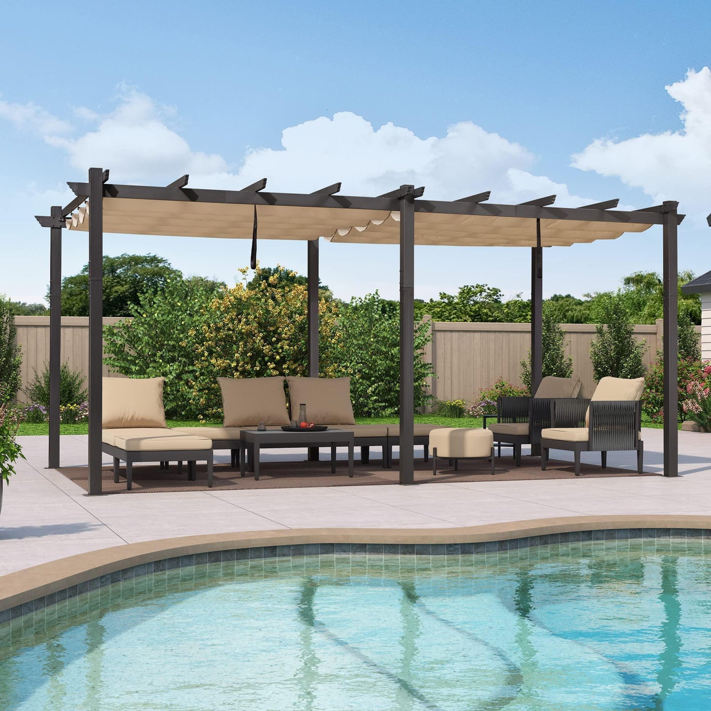 PURPLE LEAF Outdoor Pergola with Retractable Canopy Aluminum Shelter for Beach Porch Garden  Shade Pavilion Pergola  with Lights