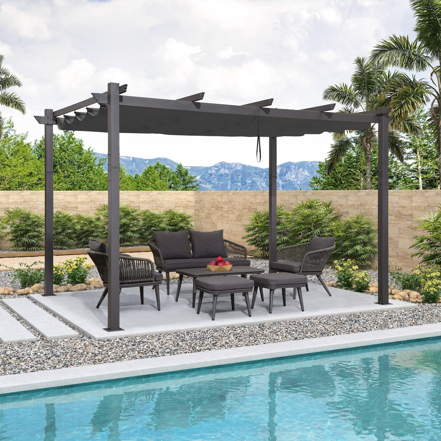 PURPLE LEAF Outdoor Pergola with Retractable Canopy Aluminum Shelter for Beach Porch Garden  Shade Pavilion Pergola  with Lights