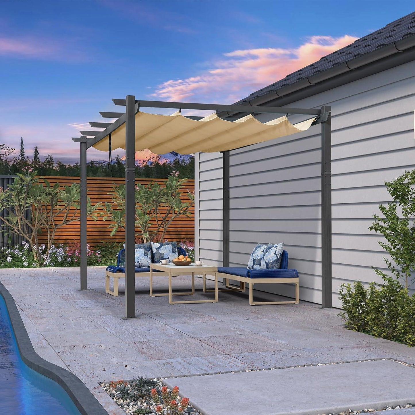 PURPLE LEAF Outdoor Pergola with Retractable Canopy Aluminum Shelter for Beach Porch Garden  Shade Pavilion Pergola  with Lights