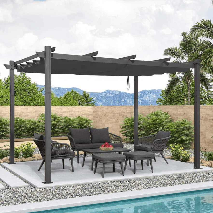 PURPLE LEAF Outdoor Pergola with Retractable Canopy Aluminum Shelter for Beach Porch Garden  Shade Pavilion Pergola  with Lights