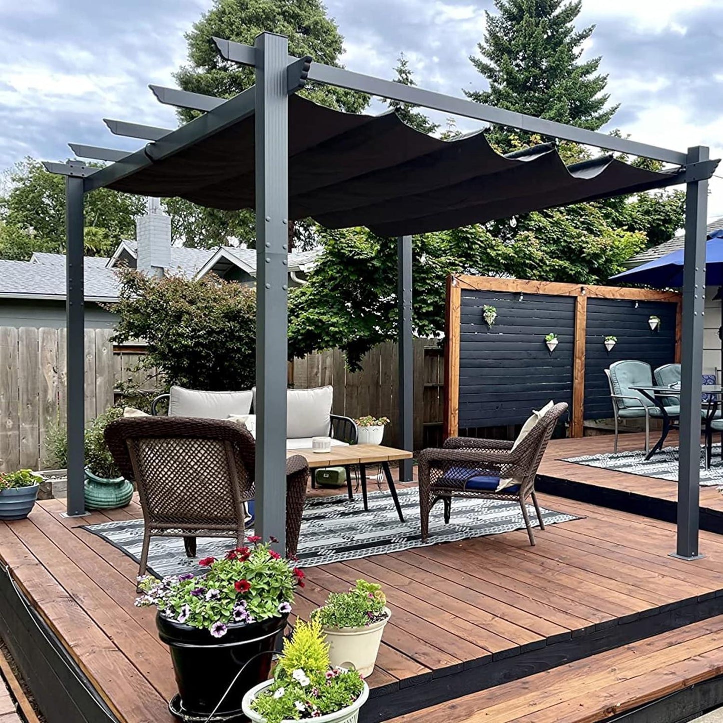 PURPLE LEAF Outdoor Pergola with Retractable Canopy Aluminum Shelter for Beach Porch Garden  Shade Pavilion Pergola  with Lights