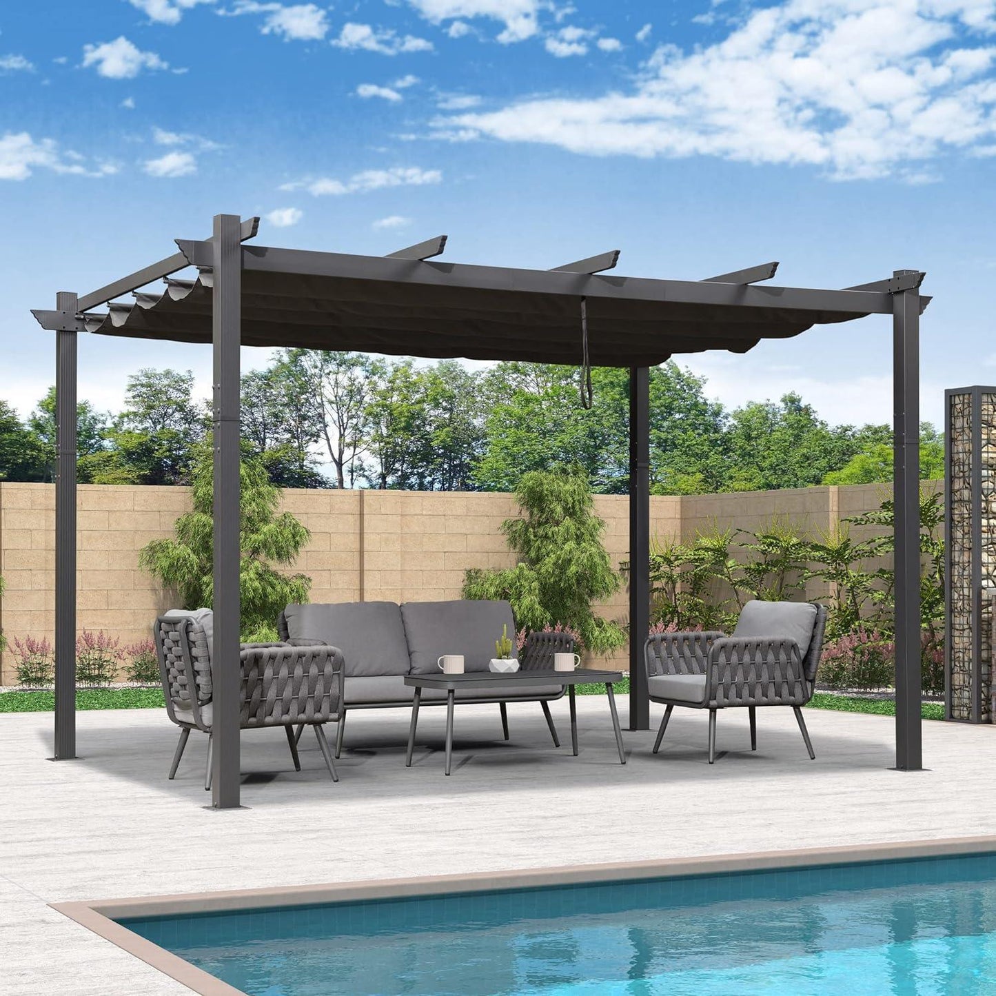 PURPLE LEAF Outdoor Pergola with Retractable Canopy Aluminum Shelter for Beach Porch Garden  Shade Pavilion Pergola  with Lights