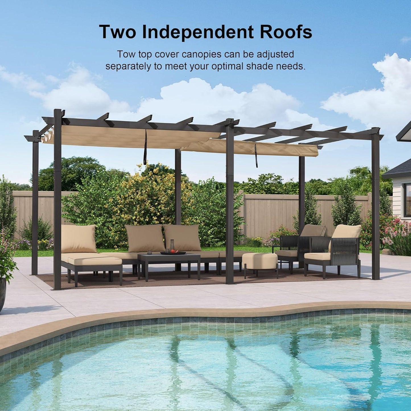 PURPLE LEAF Outdoor Pergola with Retractable Canopy Aluminum Shelter for Beach Porch Garden  Shade Pavilion Pergola  with Lights