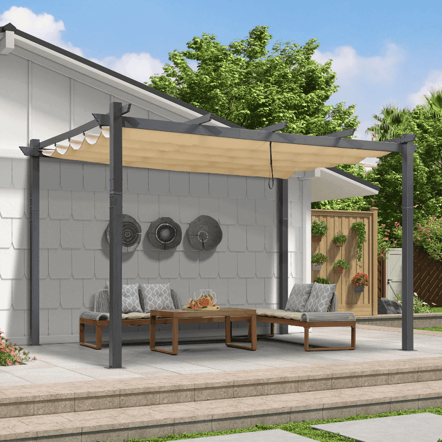 PURPLE LEAF Outdoor Pergola with Retractable Canopy Aluminum Shelter for Beach Porch Garden  Shade Pavilion Pergola  with Lights