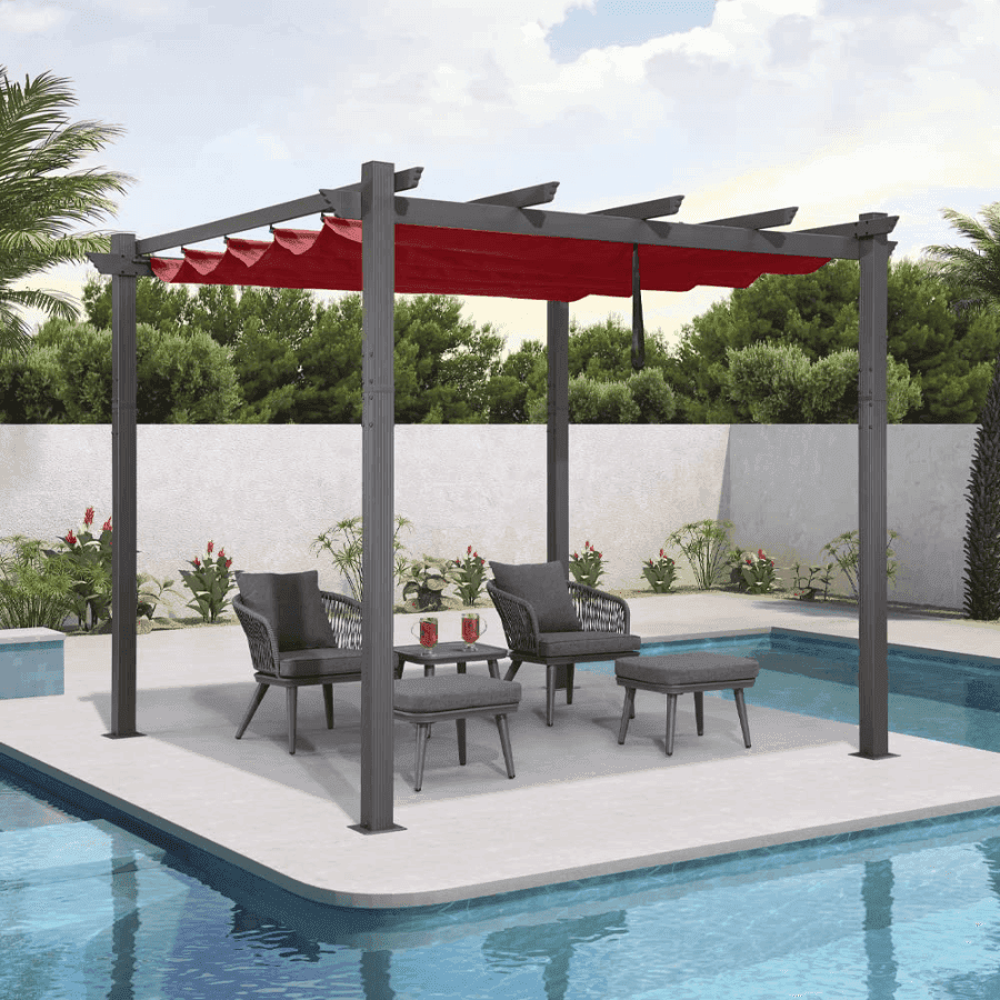 PURPLE LEAF Outdoor Pergola with Retractable Canopy Aluminum Shelter for Beach Porch Garden  Shade Pavilion Pergola  with Lights