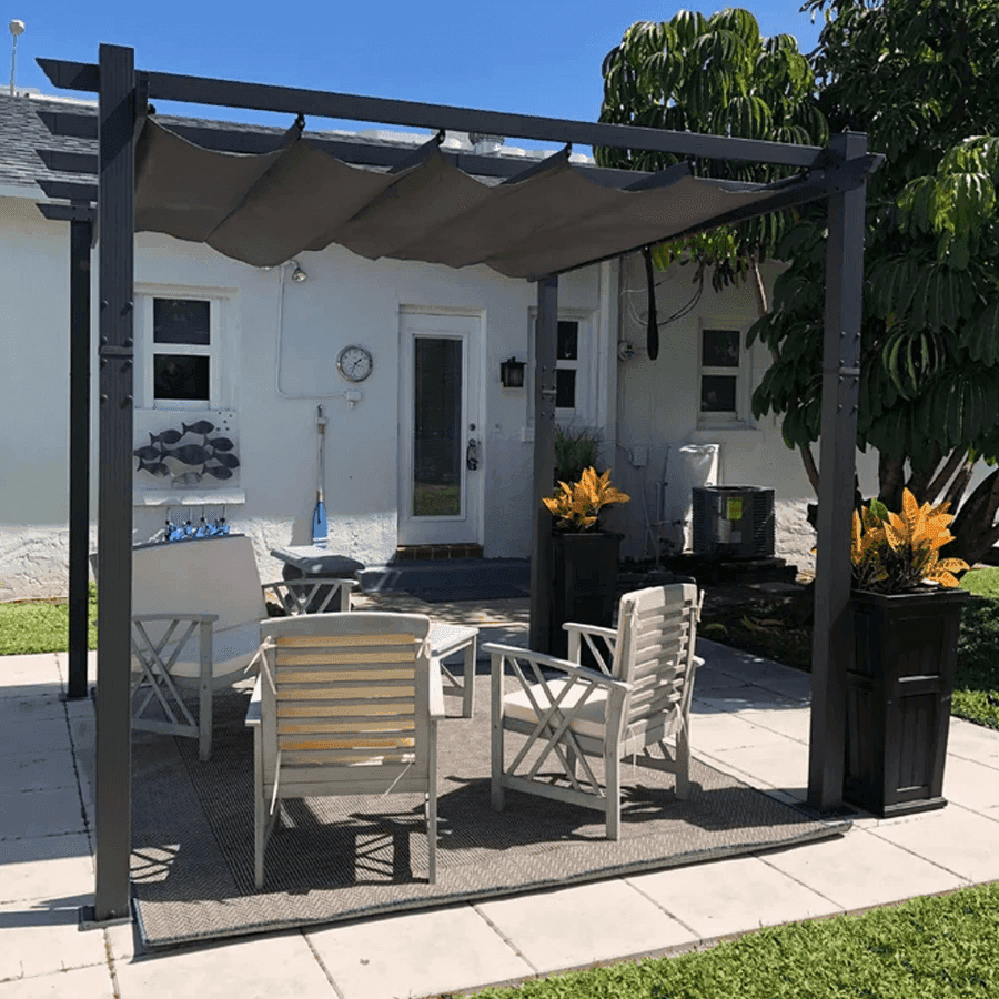 PURPLE LEAF Outdoor Pergola with Retractable Canopy Aluminum Shelter for Beach Porch Garden  Shade Pavilion Pergola  with Lights