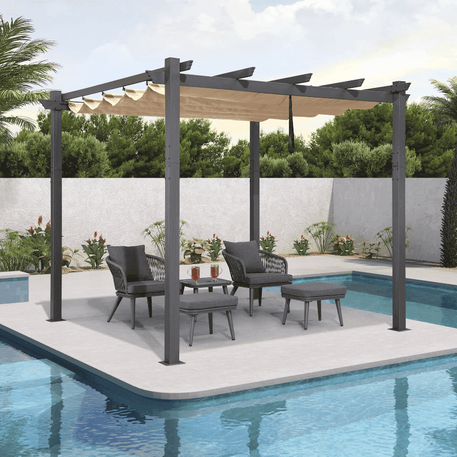 PURPLE LEAF Outdoor Pergola with Retractable Canopy Aluminum Shelter for Beach Porch Garden  Shade Pavilion Pergola  with Lights