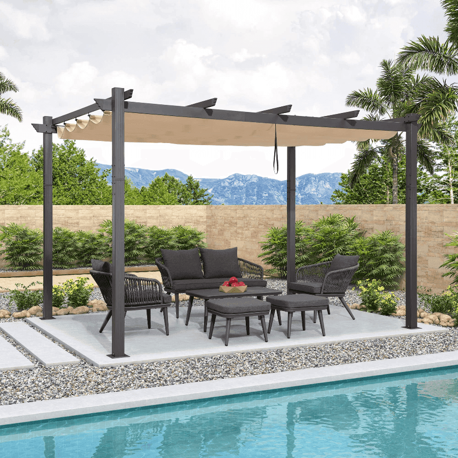 PURPLE LEAF Outdoor Pergola with Retractable Canopy Aluminum Shelter for Beach Porch Garden  Shade Pavilion Pergola  with Lights