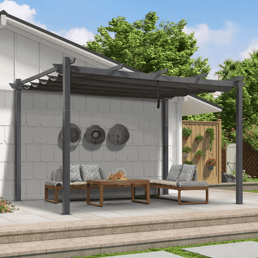PURPLE LEAF Outdoor Pergola with Retractable Canopy Aluminum Shelter for Beach Porch Garden  Shade Pavilion Pergola  with Lights
