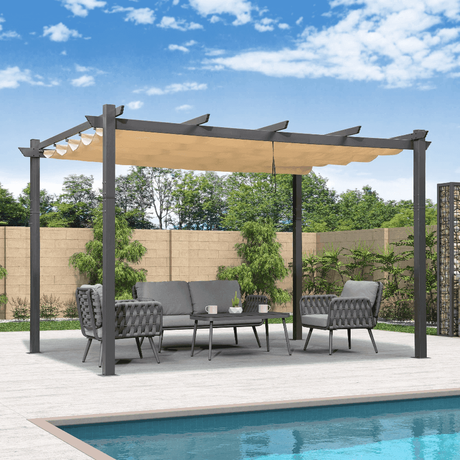 PURPLE LEAF Outdoor Pergola with Retractable Canopy Aluminum Shelter for Beach Porch Garden  Shade Pavilion Pergola  with Lights