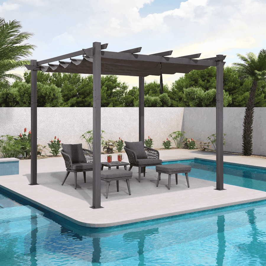 PURPLE LEAF Outdoor Pergola with Retractable Canopy Aluminum Shelter for Beach Porch Garden  Shade Pavilion Pergola  with Lights