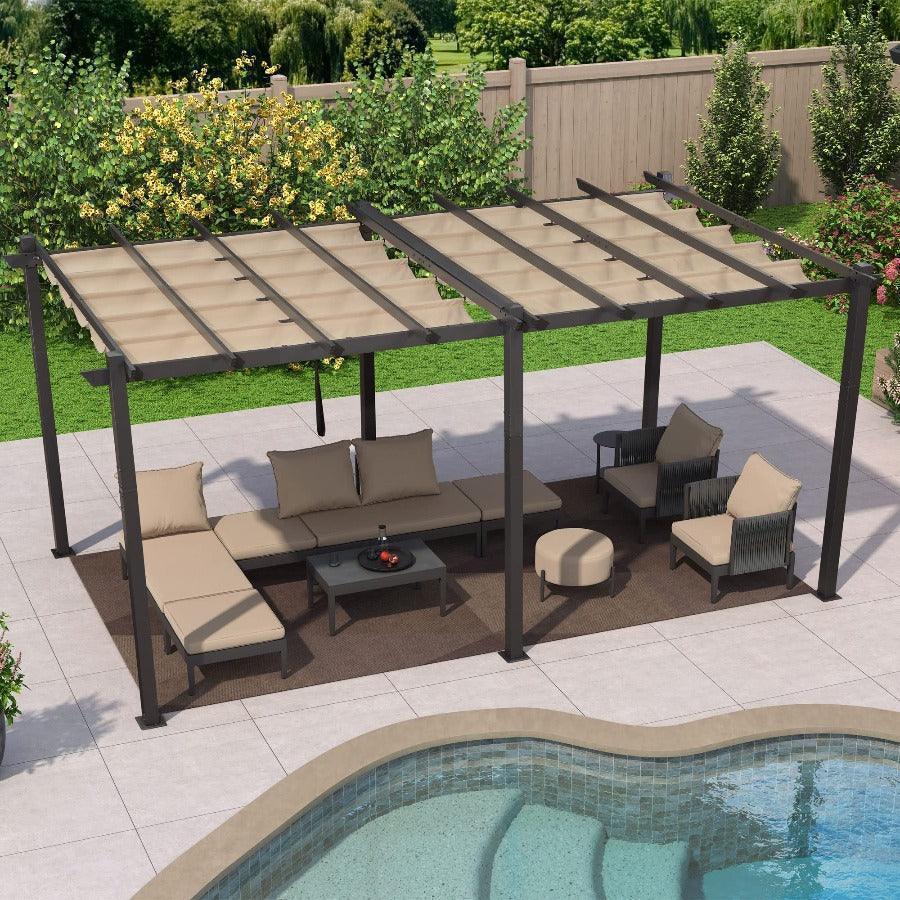 PURPLE LEAF Outdoor Pergola with Retractable Canopy Aluminum Shelter for Beach Porch Garden  Shade Pavilion Pergola  with Lights