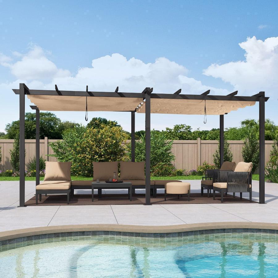 PURPLE LEAF Outdoor Pergola with Retractable Canopy Aluminum Shelter for Beach Porch Garden  Shade Pavilion Pergola  with Lights