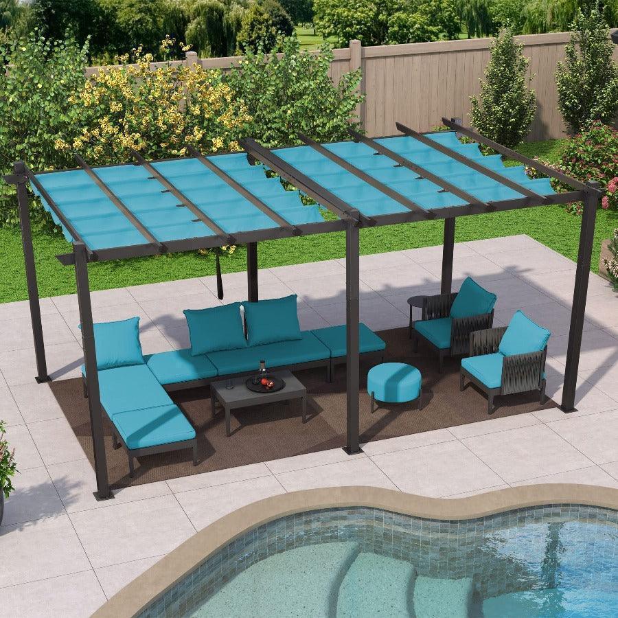 PURPLE LEAF Outdoor Pergola with Retractable Canopy Aluminum Shelter for Beach Porch Garden  Shade Pavilion Pergola  with Lights