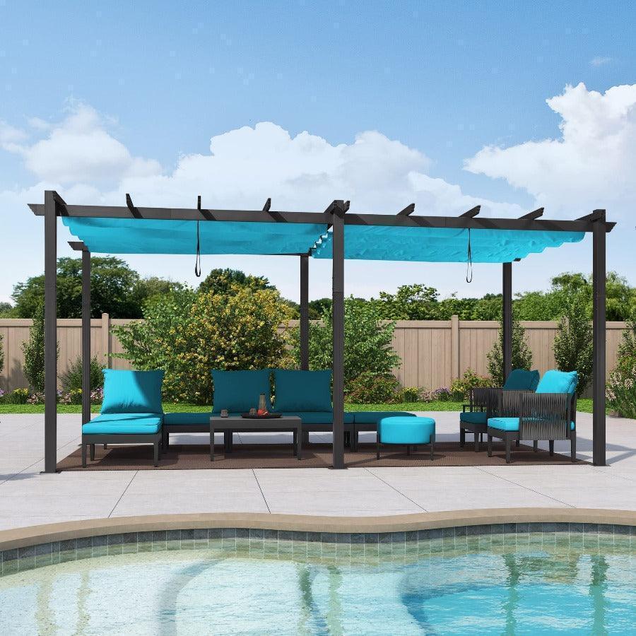 PURPLE LEAF Outdoor Pergola with Retractable Canopy Aluminum Shelter for Beach Porch Garden  Shade Pavilion Pergola  with Lights