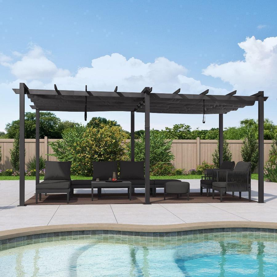 PURPLE LEAF Outdoor Pergola with Retractable Canopy Aluminum Shelter for Beach Porch Garden  Shade Pavilion Pergola  with Lights