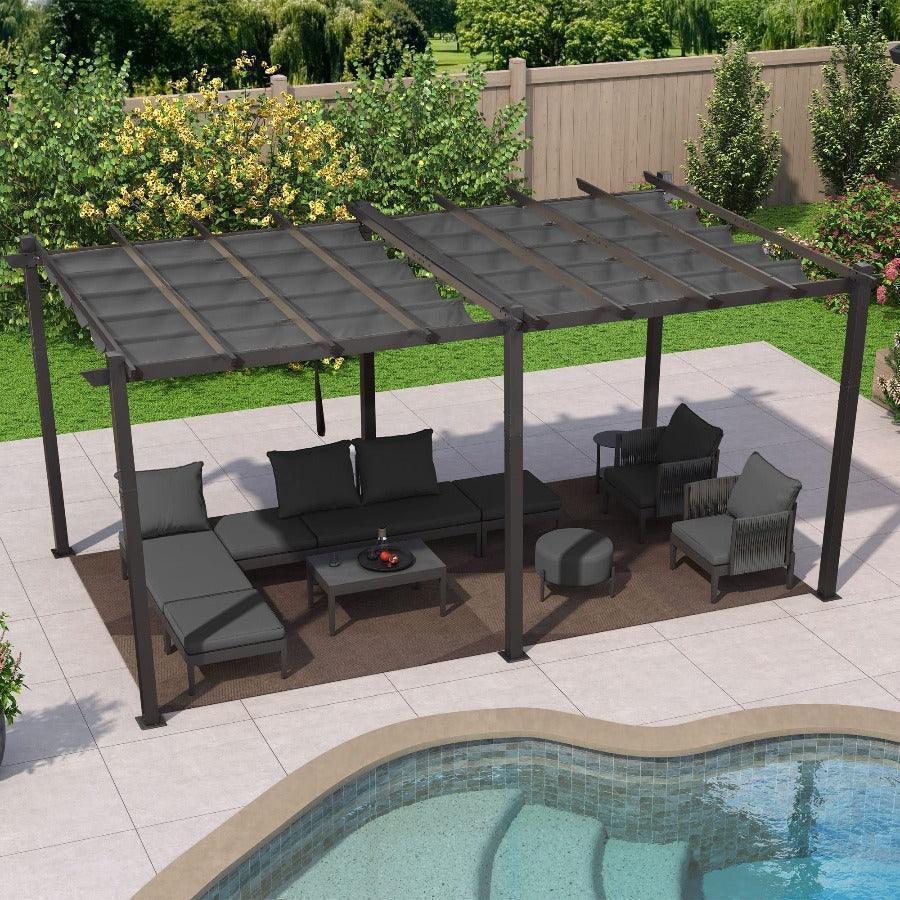 PURPLE LEAF Outdoor Pergola with Retractable Canopy Aluminum Shelter for Beach Porch Garden  Shade Pavilion Pergola  with Lights