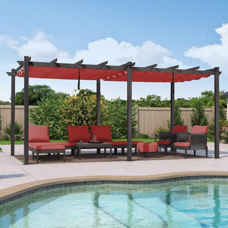 PURPLE LEAF Outdoor Pergola with Retractable Canopy Aluminum Shelter for Beach Porch Garden  Shade Pavilion Pergola  with Lights
