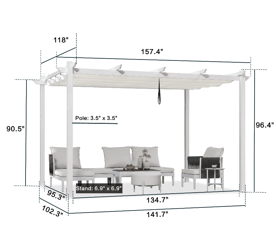 PURPLE LEAF Outdoor Retractable Pergola with Double Sun Shade Canopy White Heavy-Duty Aluminum Pergola Patio Modern Pergola With Lights