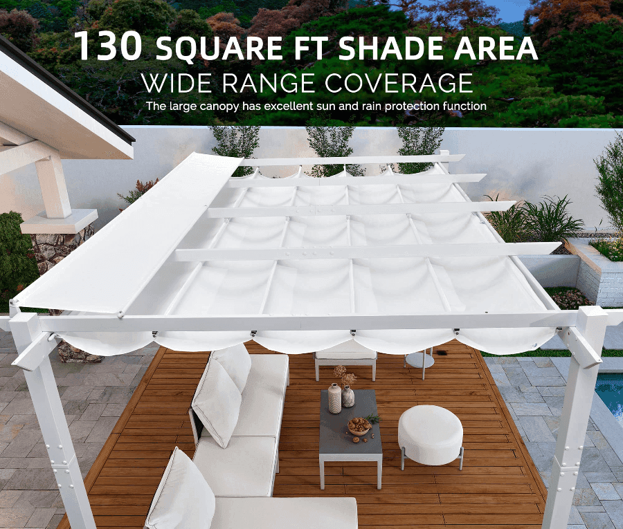 PURPLE LEAF Outdoor Retractable Pergola with Double Sun Shade Canopy White Heavy-Duty Aluminum Pergola Patio Modern Pergola With Lights