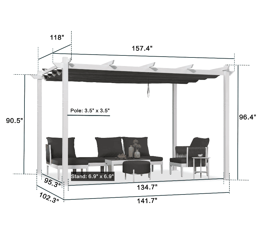 PURPLE LEAF Outdoor Retractable Pergola with Double Sun Shade Canopy White Heavy-Duty Aluminum Pergola Patio Modern Pergola With Lights