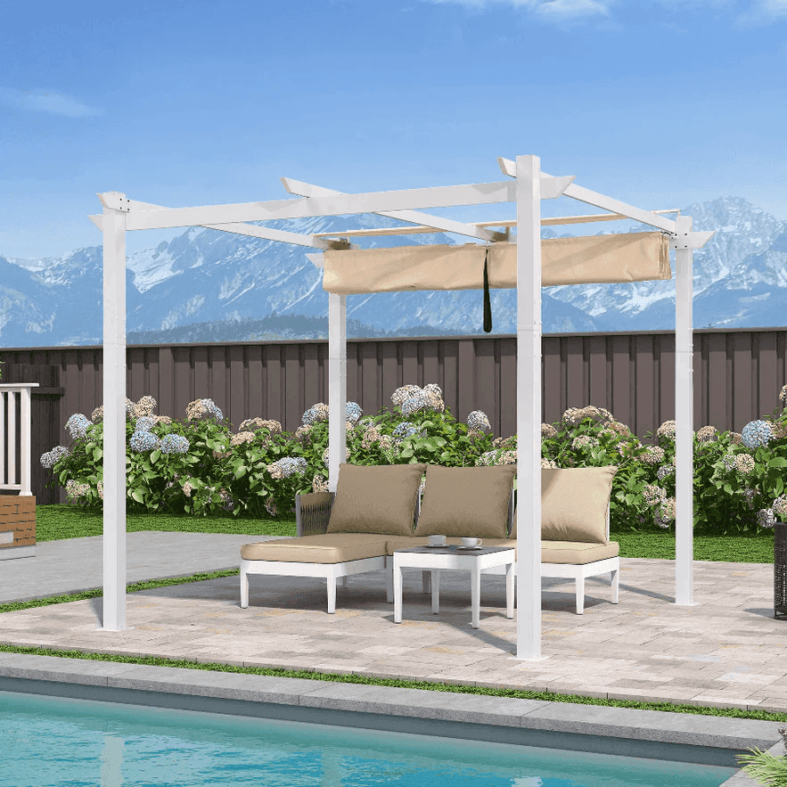 PURPLE LEAF Outdoor Retractable Pergola with Double Sun Shade Canopy White Heavy-Duty Aluminum Pergola Patio Modern Pergola for Garden Deck Backyard - Purple Leaf Garden
