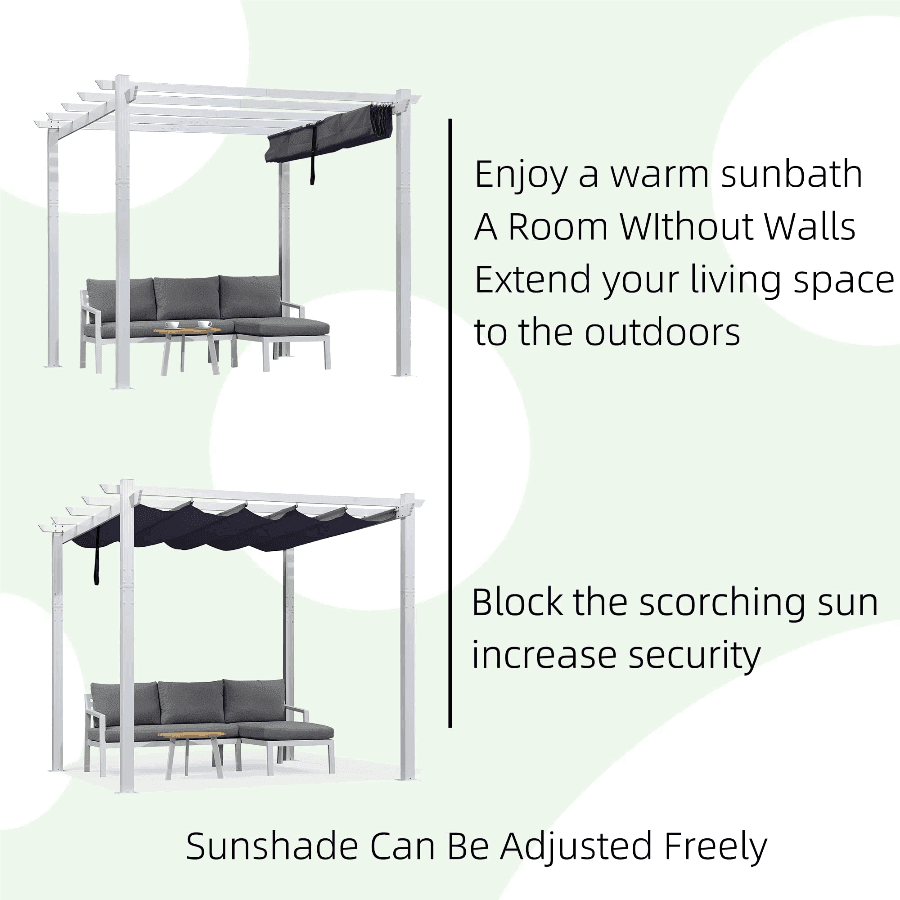 PURPLE LEAF Outdoor Retractable Pergola with Sun Shade Canopy Cover White Patio Metal Shelter for Garden With Lights