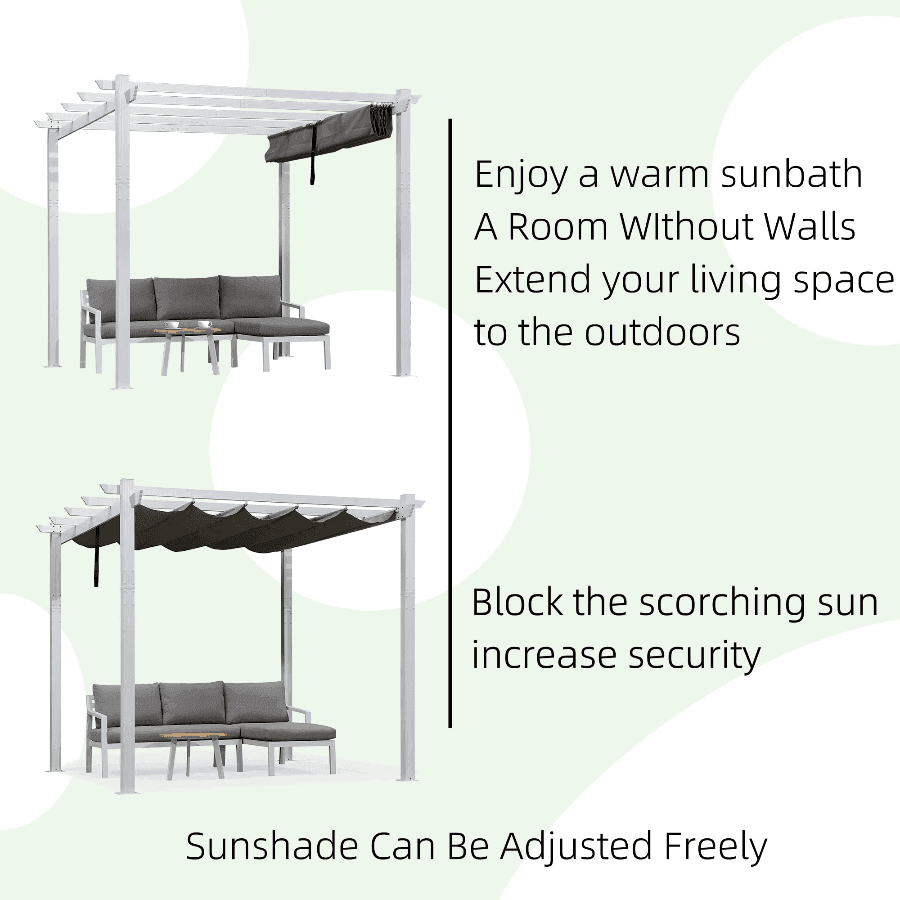 PURPLE LEAF Outdoor Retractable Pergola with Sun Shade Canopy Cover White Patio Metal Shelter for Garden With Lights