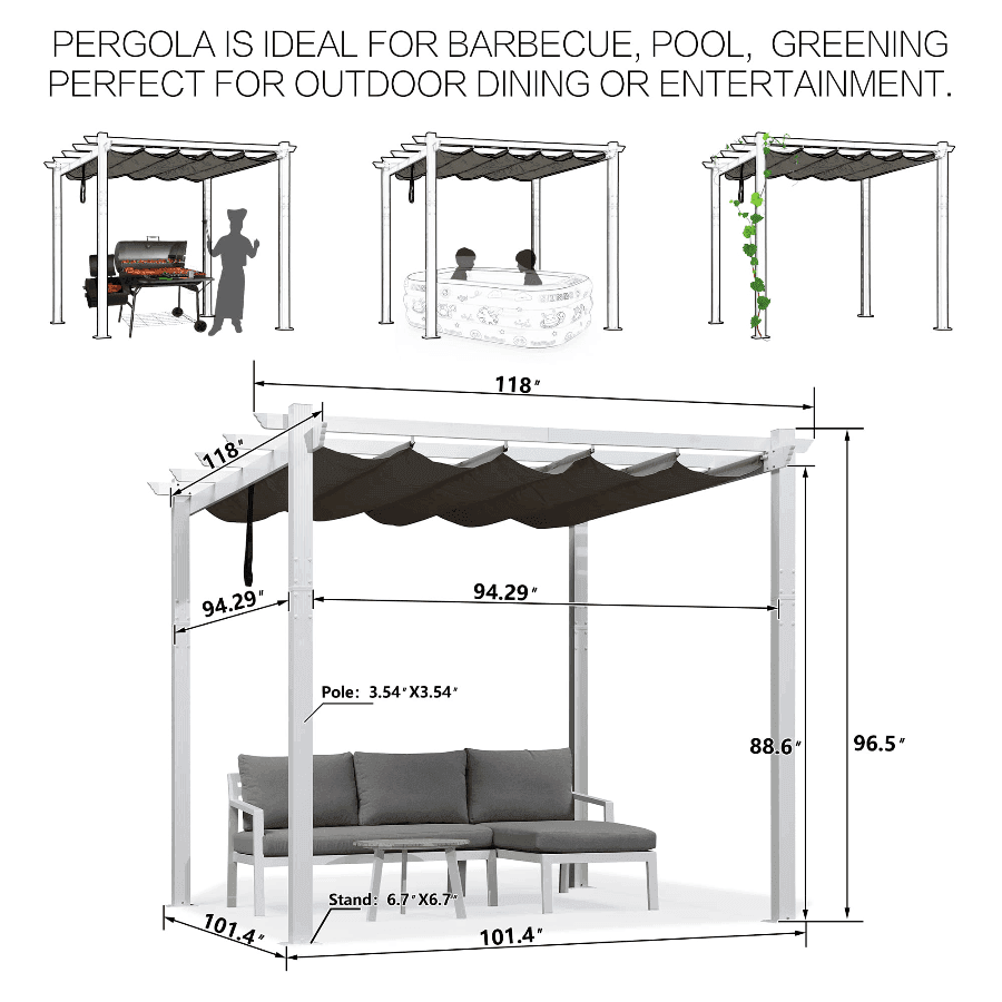 PURPLE LEAF Outdoor Retractable Pergola with Sun Shade Canopy Cover White Patio Metal Shelter for Garden With Lights